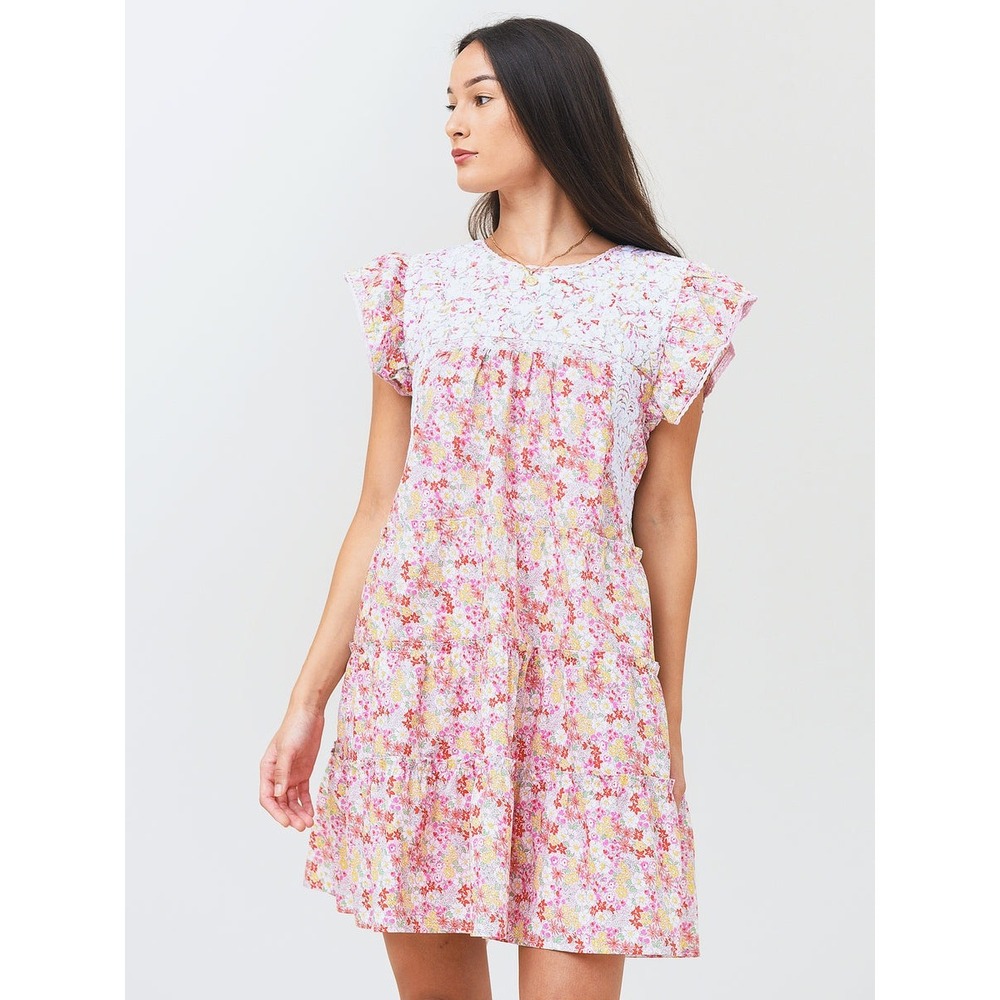 J. Marie Lela Ruffle Floral Mini Dress Pink Lace Smocked Flutter Sleeve Large